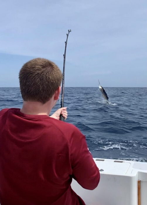 Young man reeling in marlin from boat